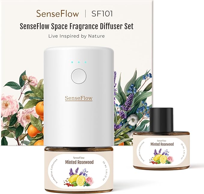 SF101 Pro Waterless Plug-In Air Freshener, 100% Plant-Based Ultrasonic Diffuser, Adjustable 120-Day Scent Air Mist, Covers 100㎡ for Home, Hotel-Minted Rosewood