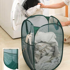 2 Pack Durable Collapsible Laundry Baskets - Reinforced Mesh Pop Up Laundry Hamper with Pocket, Foldable Dirty Clothes Hamper with Carry Handles for Laundry, Bathroom, Kids Room, Dorm or Travel Green