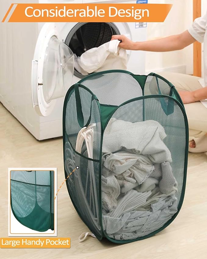 2 Pack Durable Collapsible Laundry Baskets - Reinforced Mesh Pop Up Laundry Hamper with Pocket, Foldable Dirty Clothes Hamper with Carry Handles for Laundry, Bathroom, Kids Room, Dorm or Travel Green