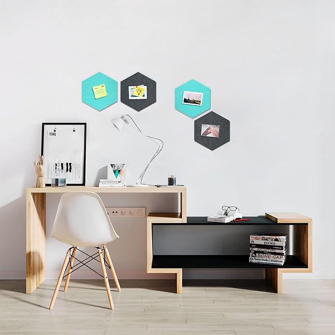12" Large Bulletin Board with 15 Push Pins, Pack of 4 Hexagon Felt Pin Board Notice Boards for Home Office, Felt Wall Tiles for Photos Memos (Lake Blue Grey)