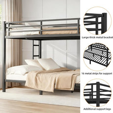 Queen Over Queen Bunk Bed, Metal Bunk Bed Frame Heavy Duty Bunk Beds Loft Bed Frame with Ladder and Guardrail Metal Slats No Box Spring Required for Adults Teens,Black