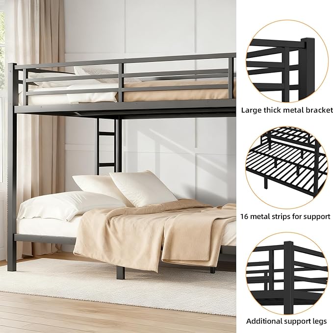 Queen Over Queen Bunk Bed, Metal Bunk Bed Frame Heavy Duty Bunk Beds Loft Bed Frame with Ladder and Guardrail Metal Slats No Box Spring Required for Adults Teens,Black