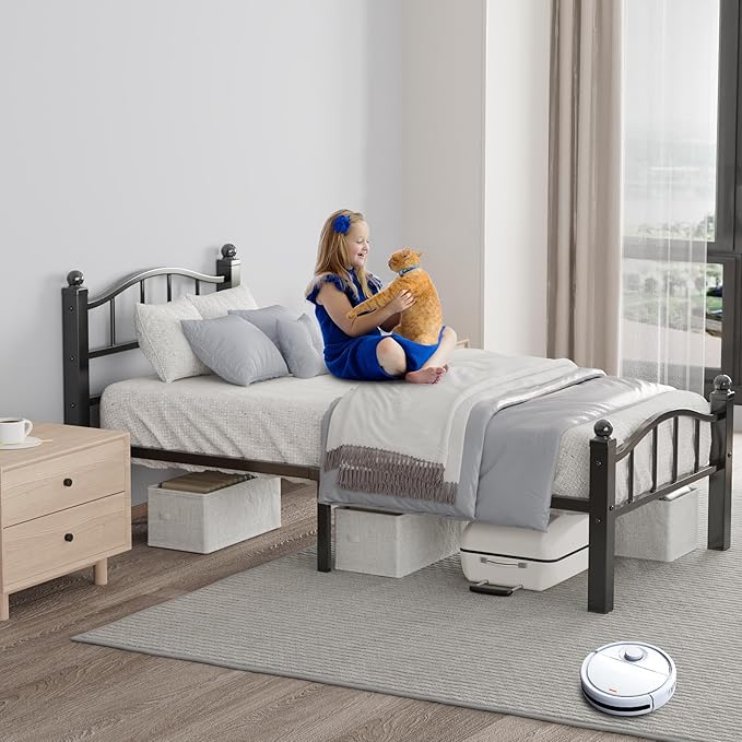 Metal Twin Bed Frames, Noise-Free Design & Underbed Storage Heavy Duty Bed Frames with Headboard No Box Spring Needed/Tool-Free Assembly