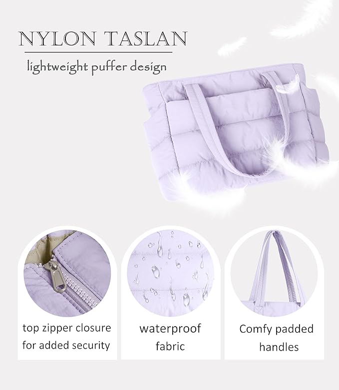 Puffer Tote Bag for Women, Cute Quilted Carryall with Zippered Compartments Shoulder Bag Handbag for Work, Travel, Gym