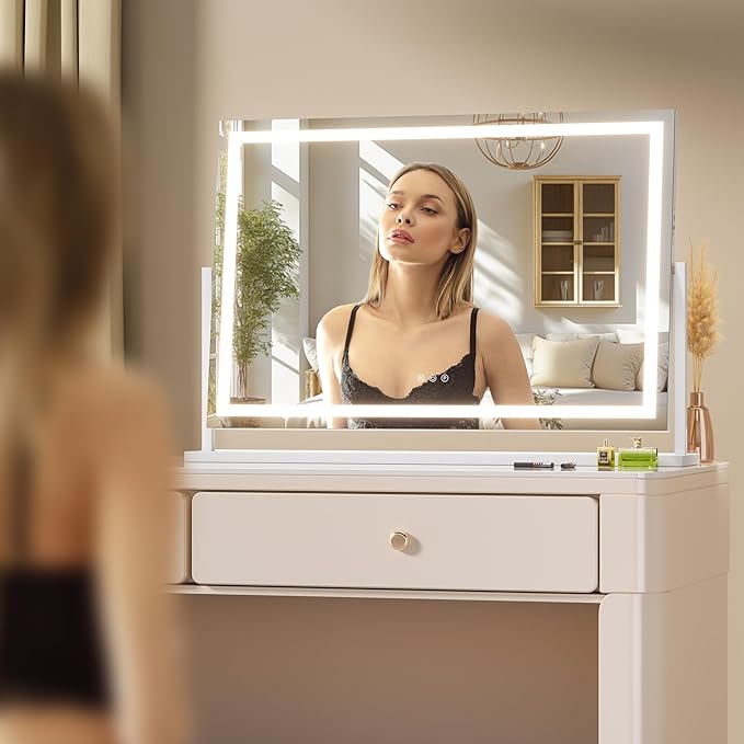 Hasipu Vanity Mirror with Lights, 36" x 24" LED Makeup Mirror, Light up Mirror with 10X Magnification and Phone Holder, USB Charging Port, Smart Touch 3 Colors Dimmable (White)