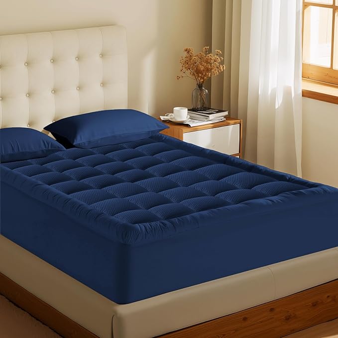 MATBEBY Full Size Mattress Pad - Cooling Breathable Mattress Topper, Quilted Fitted Mattress Protector, Pillow Top Mattress Cover with 8-21" Deep Pocket, Machine Washable, Navy Blue, 54x75 Inches