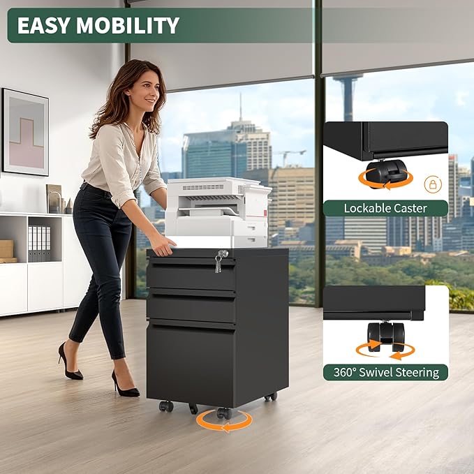 3 Drawer File Cabinet with Lock,Under Desk Rolling Small Filing Cabinet for Home Office Storage,Mobile Steel Cabinets with Wheels,Black,Requires Assembly