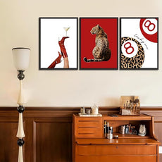 Trendy Leopard Canvas Wall Art Set of 3 Preppy Funky Red Boot Martini 8 Ball Wall Decor Pictures Feminism Aesthetic Cheetah Poster Prints for Girly Bedroom Apartment Decoration 12X16in Unframed