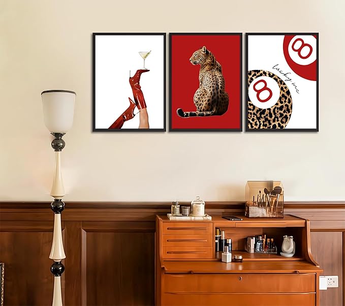 Trendy Leopard Canvas Wall Art Set of 3 Preppy Funky Red Boot Martini 8 Ball Wall Decor Pictures Feminism Aesthetic Cheetah Poster Prints for Girly Bedroom Apartment Decoration 12X16in Unframed