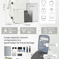 suwasp Vacuum Compression Backpack, 45L Expandable Travel Backpack with Electric Vacpack Pump, Travel Vacuum Bags with Shoe Compartment/17inch Laptop Compartment/USB Port, White