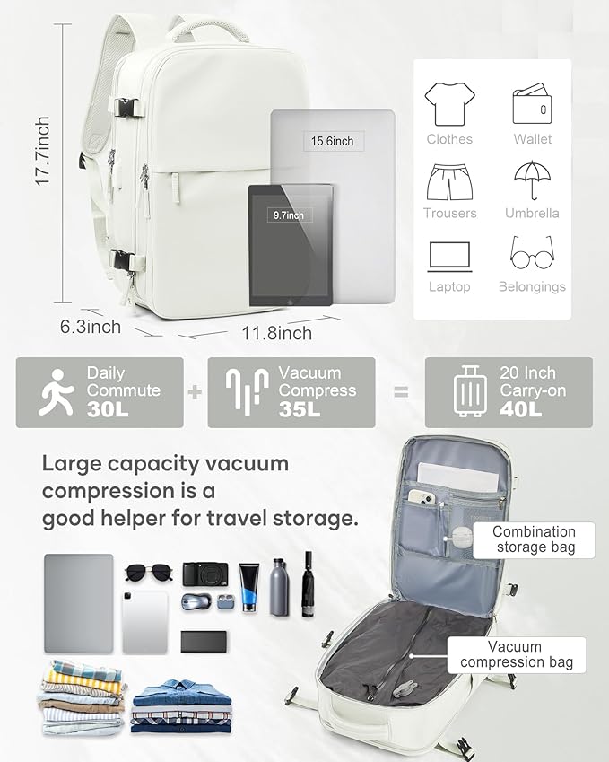 suwasp Vacuum Compression Backpack, 45L Expandable Travel Backpack with Electric Vacpack Pump, Travel Vacuum Bags with Shoe Compartment/17inch Laptop Compartment/USB Port, White