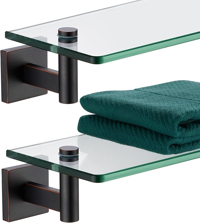 KOKOSIRI Wall Shelves Bathroom Hardware Glass Floating Shelf Small Hanging Rack Storage/Room Decor 16-Inch Oil Rubbed Bronze 2 Pack B1105ORB-L16-P2