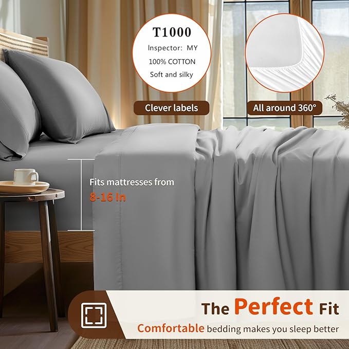 LBRO2M 1000 Thread Count 100% Cotton Sheets Set,California King Size Bed Sheet 4 Piece Sets,Long Staple,16 Inches Deep Pocket,All Season,Bedding Super Soft Comforterble Breathable,Sateen(Grey)