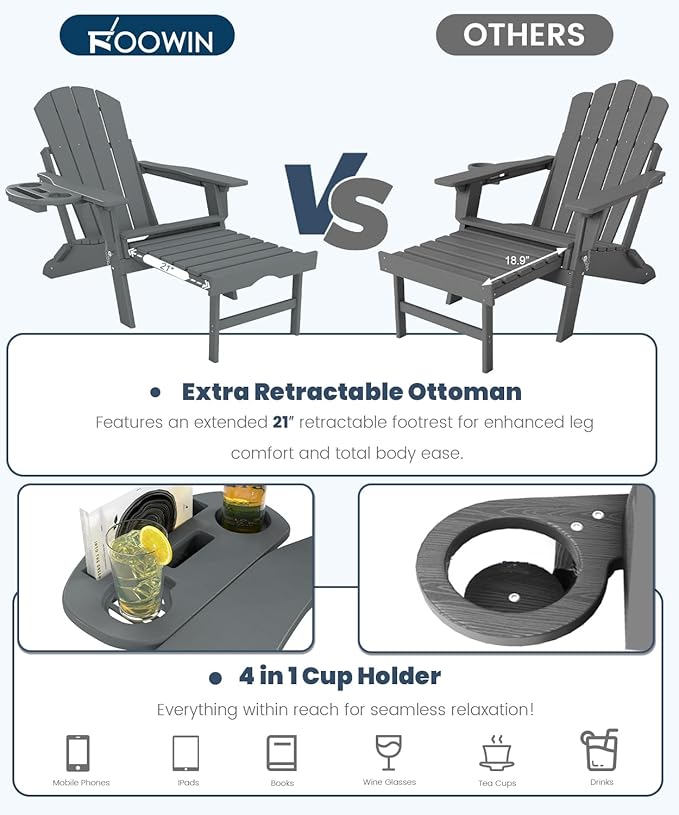 FOOWIN Folding Adjustable Adirondack Chair with Retractable Ottoman Set of 4, HDPE Adirondack Chair w/4 in 1 Cup Holder Trays,All-Weather Resistant Fire Pit Chair for Outdoor Patio Lawn, Grey