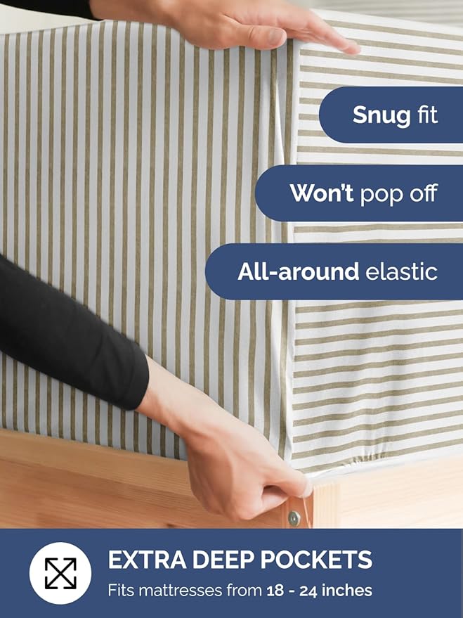 Extra Deep Pocket Queen Sheet Set - 4 Piece Breathable & Cooling Bed Sheets - Hotel Luxury Sheet Set - Soft, Wrinkle Free and Comfy - Fits Extra Deep Mattresses - Deep Pocket Beige Stripes 2 Sheets