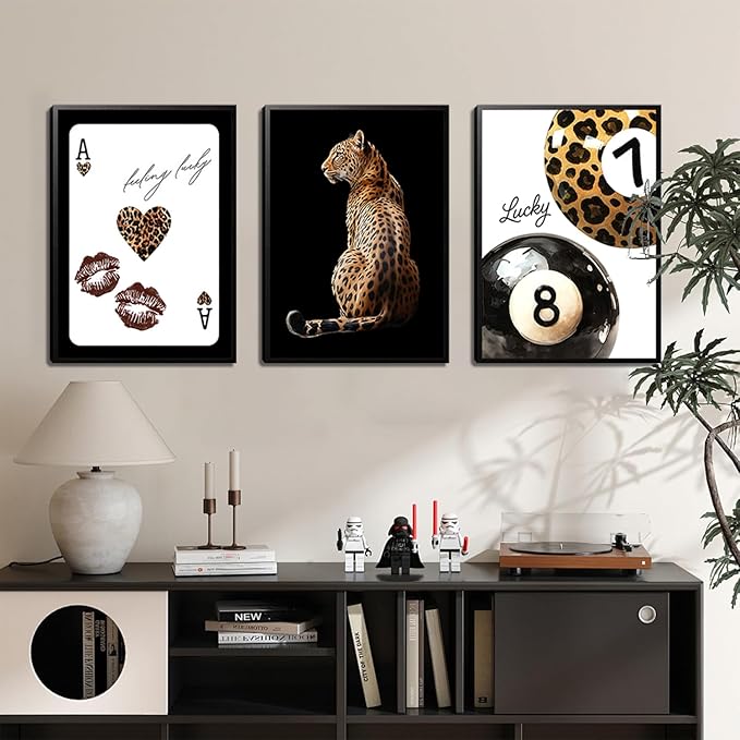 Trendy Leopard Wall Art Set of 3，Funky Lucky 8 Ball Wall Decor Paintings，Cheetah Preppy Room Posters Prints Pictures for Bedroom Living Room 12x16 inch Framed