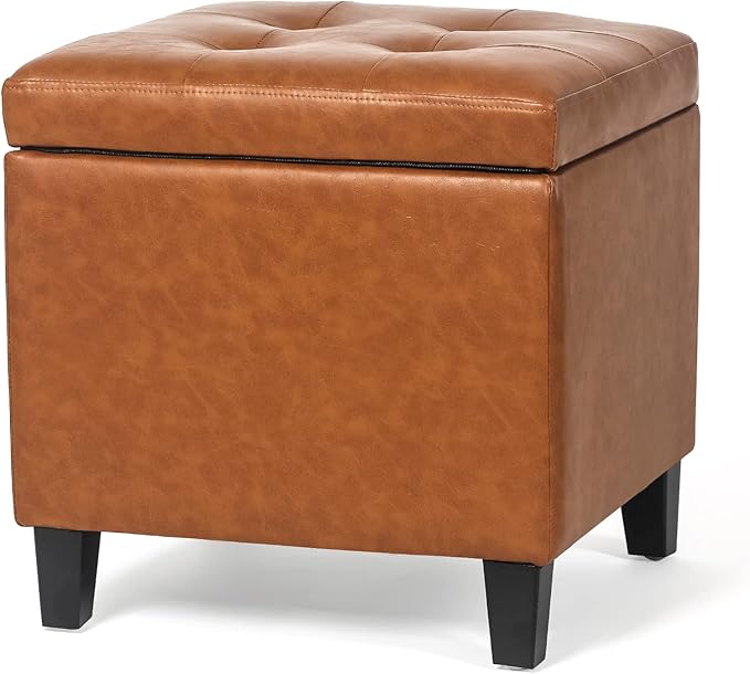 Leather Storage Ottoman with Hinged Lid, Square Foot Rest Stool Tufted Cube Footstool, Cognac Brown