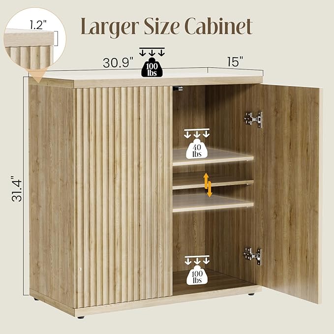 Fluted Buffet Cabinet Sideboard with Storage,Wooden Credenza with 2 Doors&Adjustable Shelve, Modern Accent Cabinets Coffee Bar Bookcase for Living Room,Kitchen Dining Room Entryway 15"D Natural Oak