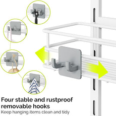 Orimade Over the Door Shower Caddy Adjustable 5 Tier Black,Bathroom Hanging Organizer Shelf Rustproof with 4 Hooks,Shower Basket with Soap Holder and Suction Cup, White