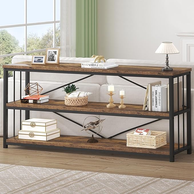 HSH Low Bookshelf, Industrial Wood 3 Tier Extra Long Horizontal Bookcase, Wide Open Metal Large Book Shelf for Bedroom Living Room, Rustic Brown, 70 Inch