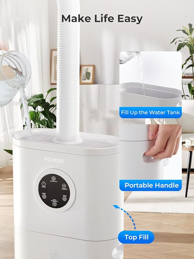 Humidifier for Large Room Home, 12L/3.17Gal Top Fill Cool Mist Ultrasonic Floor Quiet Humidifiers for Baby and Plants with Customized Humidity, Timer, Sleep Mode, Auto Shut Off, Quiet, White
