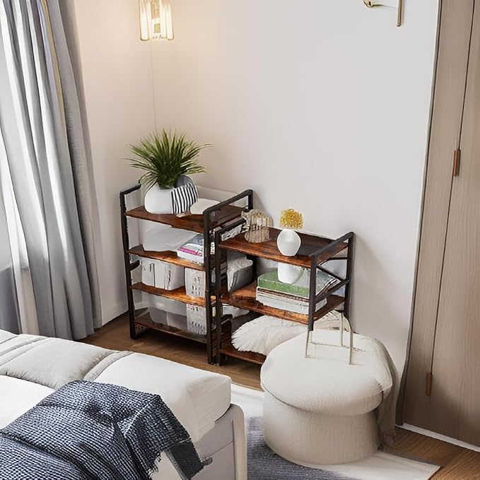 3-Tier Small Bookshelf, Industrial Metal & MDF Bookcase, X-Brace Stable Shelving for Small Spaces, Adjustable Feet, Easy Assembly, 27.6" H x 16.5" W x 11" D (Black)