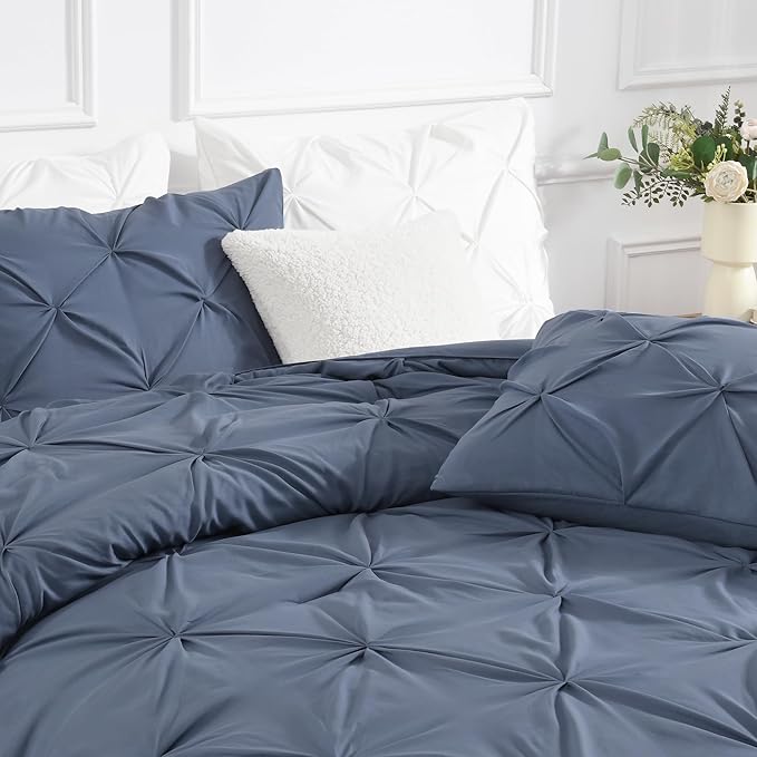 Andency Dark Blue Grey Queen Comforter Set, 3 Piece All Season Decorative Pintuck Bedding Comforter & Sets, Dark Blue Grey Soft Microfiber Lightweight Washable Bed Set for Queen Size Bed