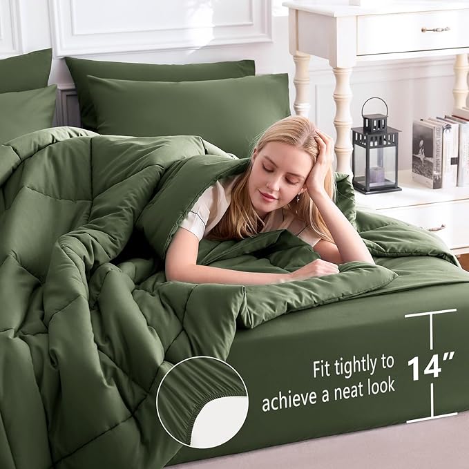 CozyLux Queen Comforter Set Olive Green, 7 Pieces Bed in a Bag, Green Comforter Queen Size, All Season Bedding Sets with Stitch Quilted Comforter, Flat Sheet, Fitted Sheet, Pillowcases