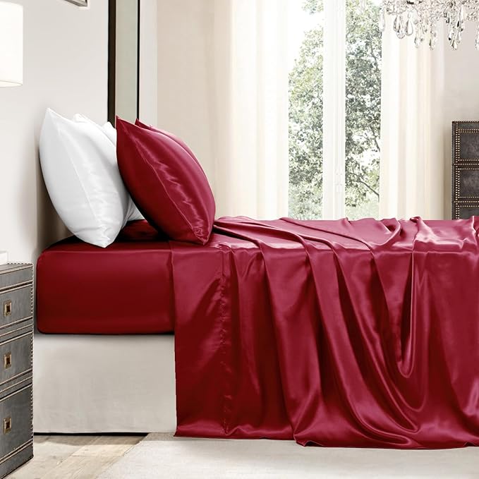 Satin Sheets Full Size - 4 Pieces Luxury Silky Soft Bed Sheets, Wrinkle-Free Burgundy Satin Silk Sheet Set with 1 Deep Pocket Fitted Sheet, 1 Flat Sheet, 2 Pillow Cases