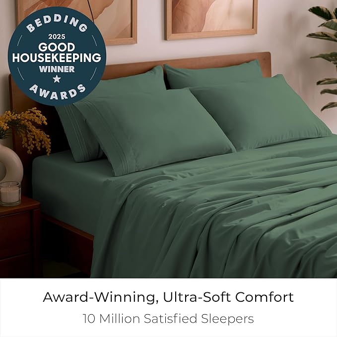 Mellanni Split King Sheet Set - 7-Piece Iconic Collection Bedding, (Including 4 Pillowcases), 16-Inch Deep Pocket, Easy Care, Extra Soft, Cooling Sheets, Brushed Microfiber - Emerald Green