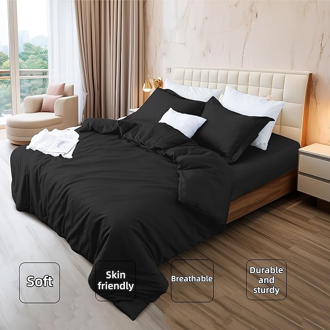 Black Duvet Cover Set King Size 100% Egyptian Cotton 3Pcs Home Bedding Set- 1 Duvet Cover with 2 Pillowcases, 400 Thread Count Super Soft Comforter Cover with Corner Ties(106x90 Inches, Black)