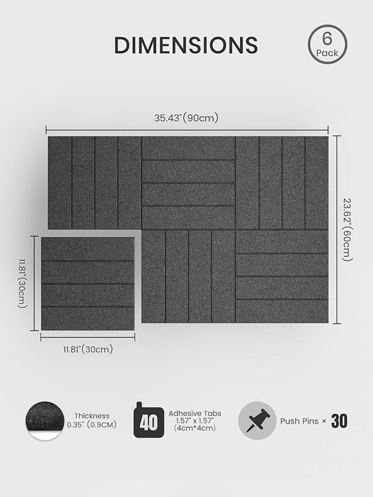 Bumusty Large Cork Board Alternative-36 x24 Felt Bulletin Board Tiles, with 30 Pushpins, 40 Adhesive Tabs, 6-Pack Slat Wall Paneling, Cork Boards for Office Push Pin Board Felt Board-Charcoal Gray