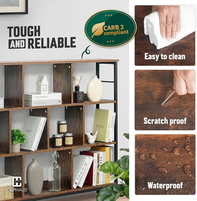 CAPHAUS 10 Cube Storage Organizer, 55” Wide 3 Tier Rustic Oak Industrial Open Shelf Bookcase, Display Shelf, Horizontal Bookshelf with Metal Frame, Wooden Board, for Living Room, Bedroom, Office