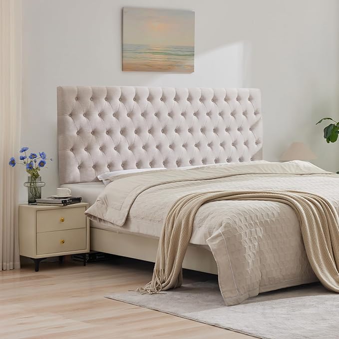 Kingfun Upholstered Queen Headboard Only, Premium Linen Button Tufted Headboards, Adjustable Solid Wood Head Board, Padded Headboard with Solid Wood Legs in Bedroom (Beige)