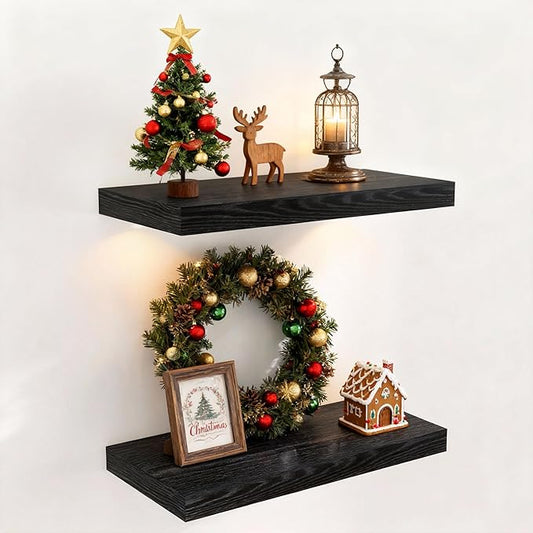 Floating Shelves 16 Inch Long, Wall-Mounted Bathroom Shelves Set of 2, 9.3 Inch Deep Shelf for Home Storage & Display, Wooden Deep Wall Shelves for Bedroom, Living Room, Kitchen, Black Color