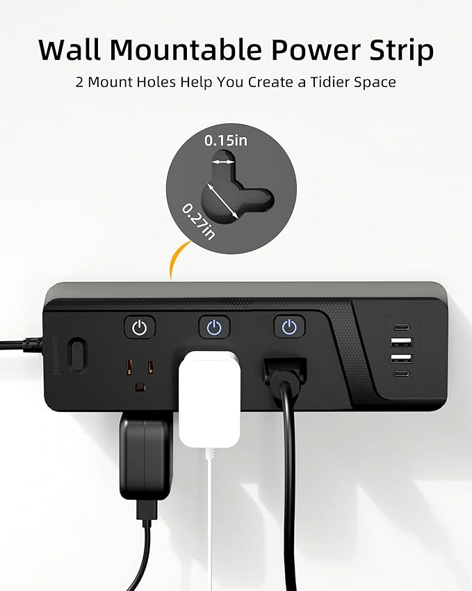 Surge Protector Power Strip with Individual Switches - 6 Wide Spaced Outlet 4 USB Ports(2 USB C), 6.5ft Extension Cord with Switch On/Off, 1500J,3 Prong Flat Plug, Wall Mount for Home Office