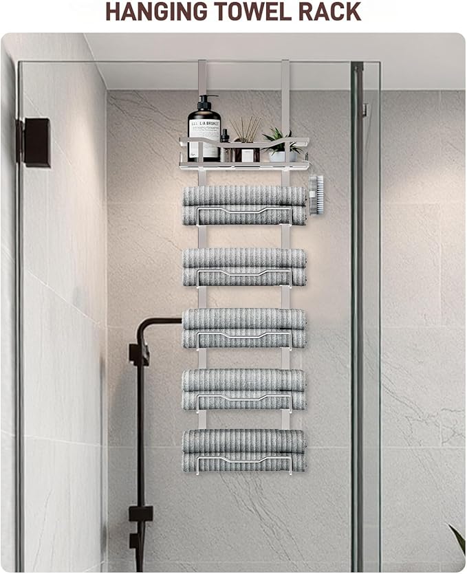 Hanging Towel Racks for Bathroom No Drill - Over The Door 6-Tier Bath Towel Storage Organizer for Small Bathrooms-Back Door Large Tiered Towel Holder Hanger for Rolled Towels RV Camper Silver