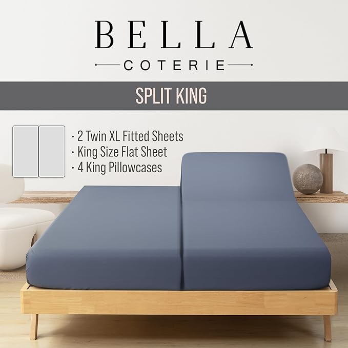 Bella Coterie 7 Piece Luxury Bamboo Viscose Split King Size Sheet Set | 2 Fitted Sheets for Adjustable Beds | 100% Organically Grown | Cooling for Hot Sleepers | 4 Pillowcases [Slate Blue]