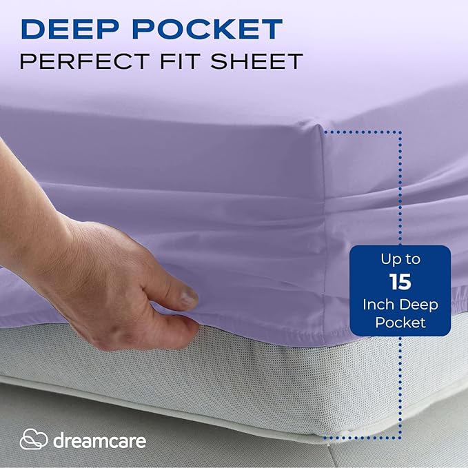 DREAMCARE Full Size Sheets Set - 4 Pcs Cooling Bed Sheets with Up to 15" Deep Pockets - Soft, Long-Lasting 100% Brushed Polyester with Side Pocket (Lavender) DREAMCARE