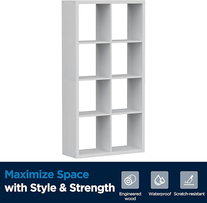 8 Cube Storage Organizer, Cube Shelf with Heavy-Duty Thick Boards, 25.12" L x 9.37" W x 48.74" H, Smooth Easy-Clean Panels, Simple Assembly, for Living Room Bedroom Office, White