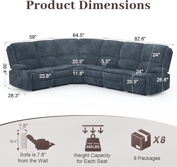 Manual Reclining Sectional Sofa Set, 6 Seats Soft Fabric Recliner Corner Sectional Couch, Family-Sized L-Shaped Recliner Couch with USB Charging, Thickened Padding, Sturdy Frame, Blue