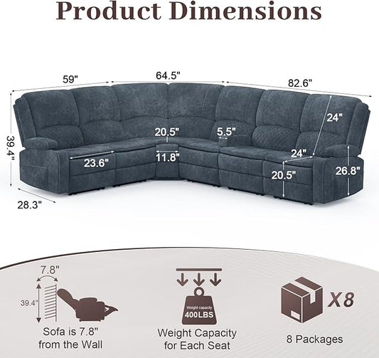 Manual Reclining Sectional Sofa Set, 6 Seats Soft Fabric Recliner Corner Sectional Couch, Family-Sized L-Shaped Recliner Couch with USB Charging, Thickened Padding, Sturdy Frame, Blue