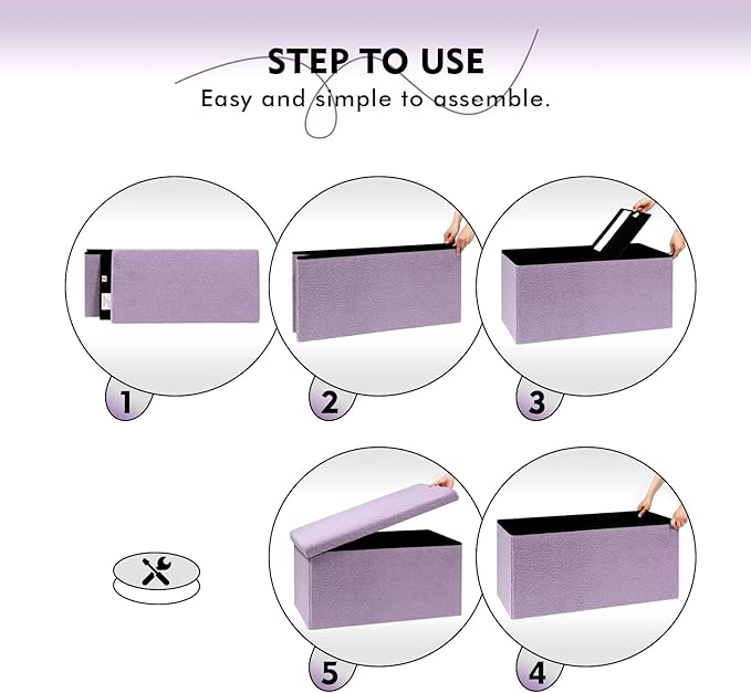 PINPLUS Folding Storage Ottoman Bench, Sherpa Ottoman with Storage, Large Long Shoes Bench Chest with Lid, Footrest for Living Room, Entryway, Purple, 31.5'' x 15.7'' x 15.7''