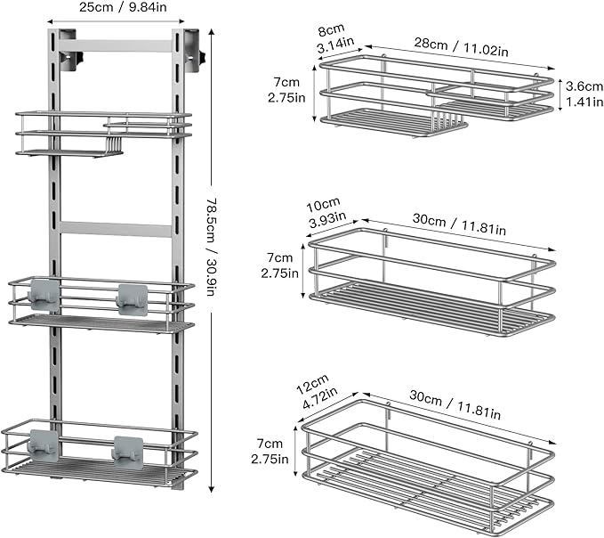 Orimade Over The Door Shower Caddy Adjustable 3 Tier Silver,Bathroom Hanging Organizer Shelf Rustproof with 4 Hooks,Shower Basket with Soap Holder and Suction Cup