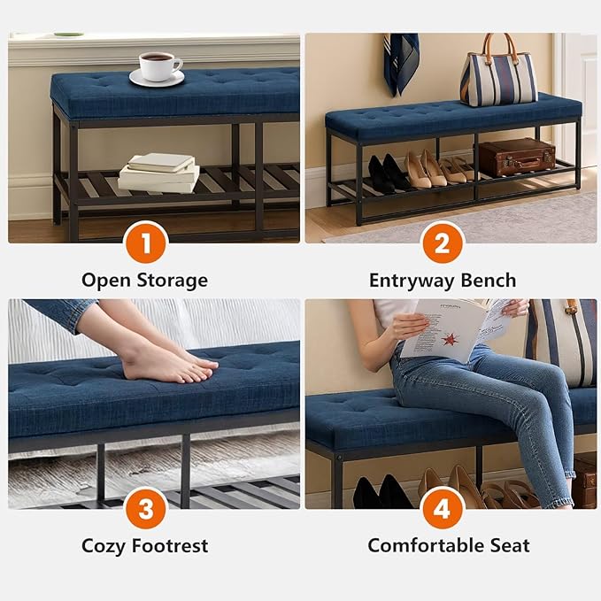 Rectangular Upholstered Tufted Linen Ottoman Storage Bench, Large Footrest Ottoman with Iron Base, Navy Blue End of Bed Bench for Entryway, Living Room, Bedroom