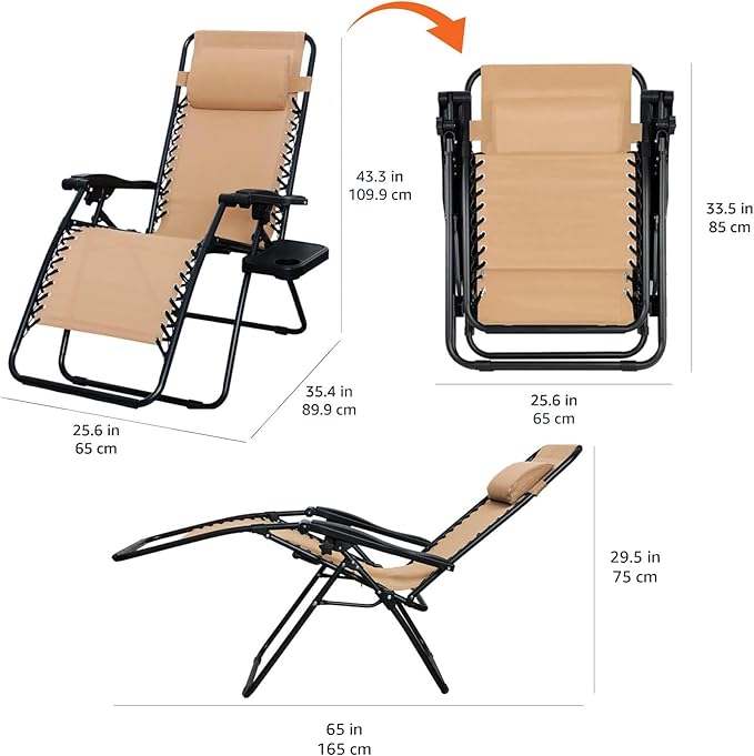 Amazon Basics Outdoor Patio Mesh Adjustable Zero Gravity Lounge Chair Recliners set of 2 with Side Table, 35 x 26 x 43 inches, Beige