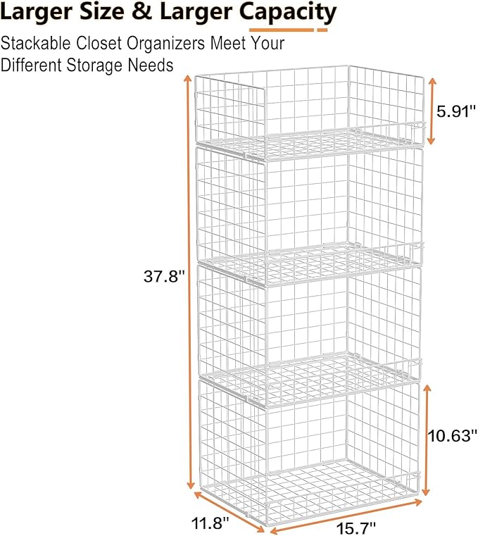 4 Tier Stackable Closet Organizers and Storage Shelves, Foldable Closet Shelf Organizer System, Stackable Storage Bins Drawers for Clothes Organizer System, White(Patent Pending)
