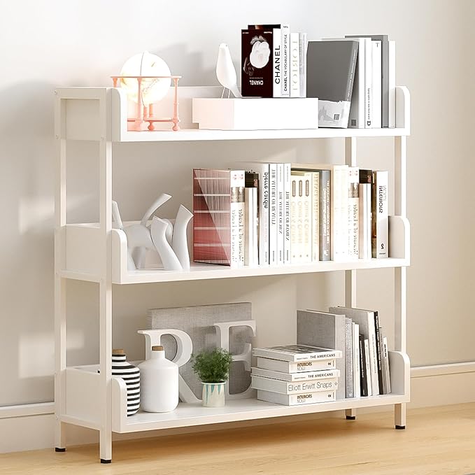 Wide Open Shelf Bookcase - Modern 3-Tier Floor Standing Display Bookshelf with Top Edge and Metal Frame for Home and Office, Storage Shelving, Warm White