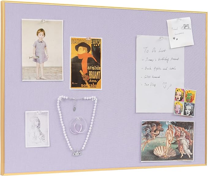 Bulletin Board 30 x 20 inches, Light Lavender Pin Board, Golden Aluminum Framed Fabric Cork Board with 10 Push Pins