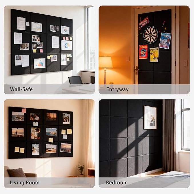 12 Pack Cork Boards for Walls, 48" x 36" Large Felt Wall Tiles, Black Bulletin Board Paper with Safe Removable Adhesive Tabs, Pin Corkboard for Office Home Decor